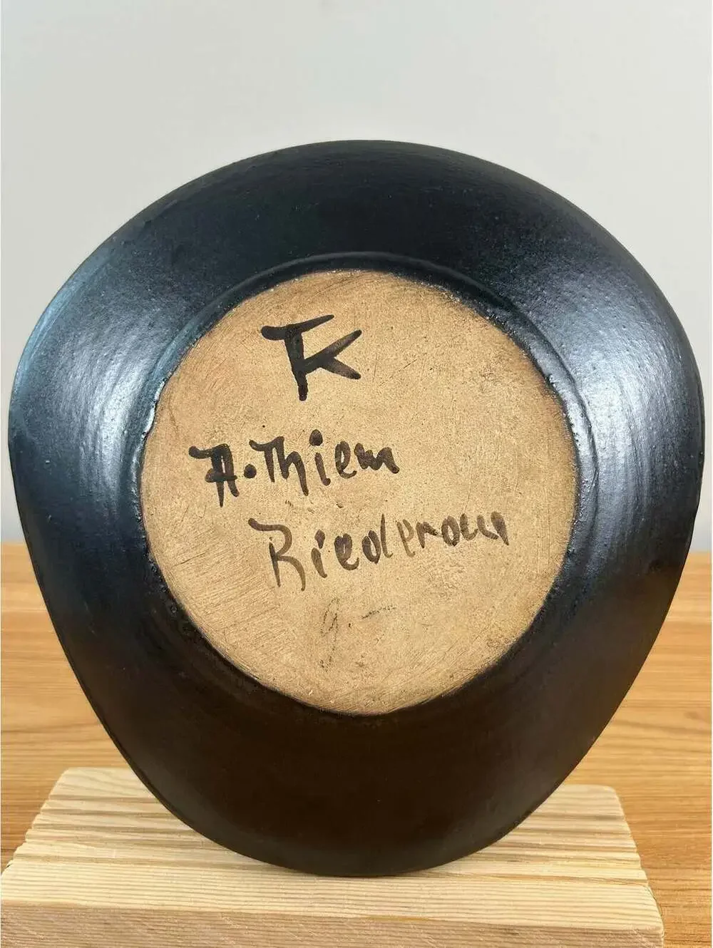 European Art Pottery Mid Century Modern Black Green Oblong Bowl Signed